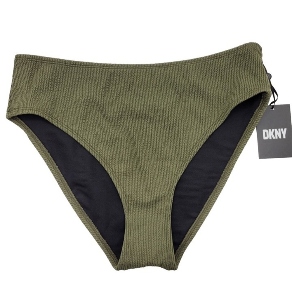 DKNY Women Olive Green Textured Ribbed High Waist Bikini Bottom Size Large NEW